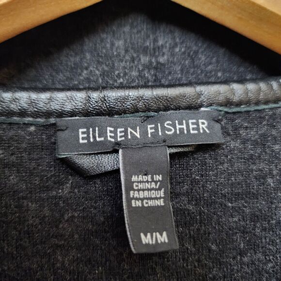 Eileen Fisher Jacket Black Leather Wool Womens Medium Silk Lined Full Zip - Picture 6 of 16